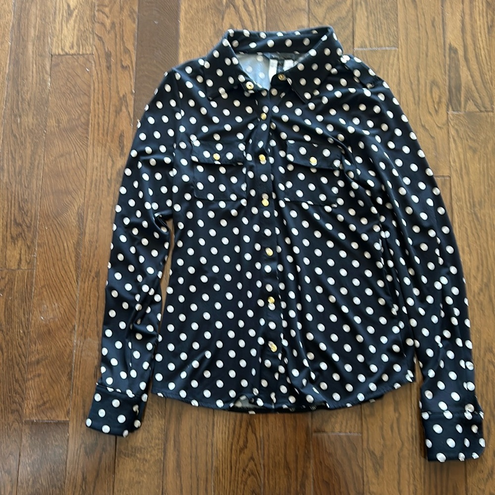 BCBG MaxAzria Black Polka Dot Blouse- Size Petite M- Excellent condition